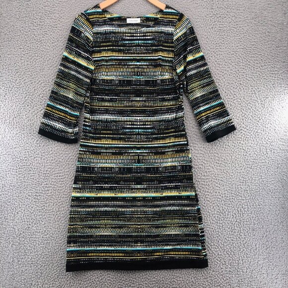 Calvin Klein Dress Womens 2 Black Multi Patterned Shift 3/4 Sleeve Stretch Mini - Picture 1 of 10